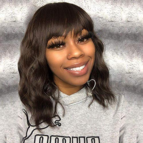 izhenwo Bob Curly Wig Synthetic Short Black Wig with Bangs Natural Looking Heat Resistant Fiber Hair for Women (Brown)