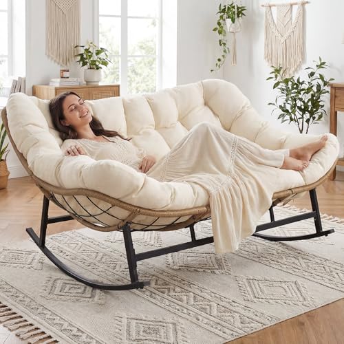Image of NICESOUL Oversized Double Rocking Papasan Chair with Thick Cushion, 2 Person Big Wicker Outdoor Comfy Recliner, Extra Large Heavy Duty Egg Loveseat for Patio, Balcony, Backyard, Garden, Beige