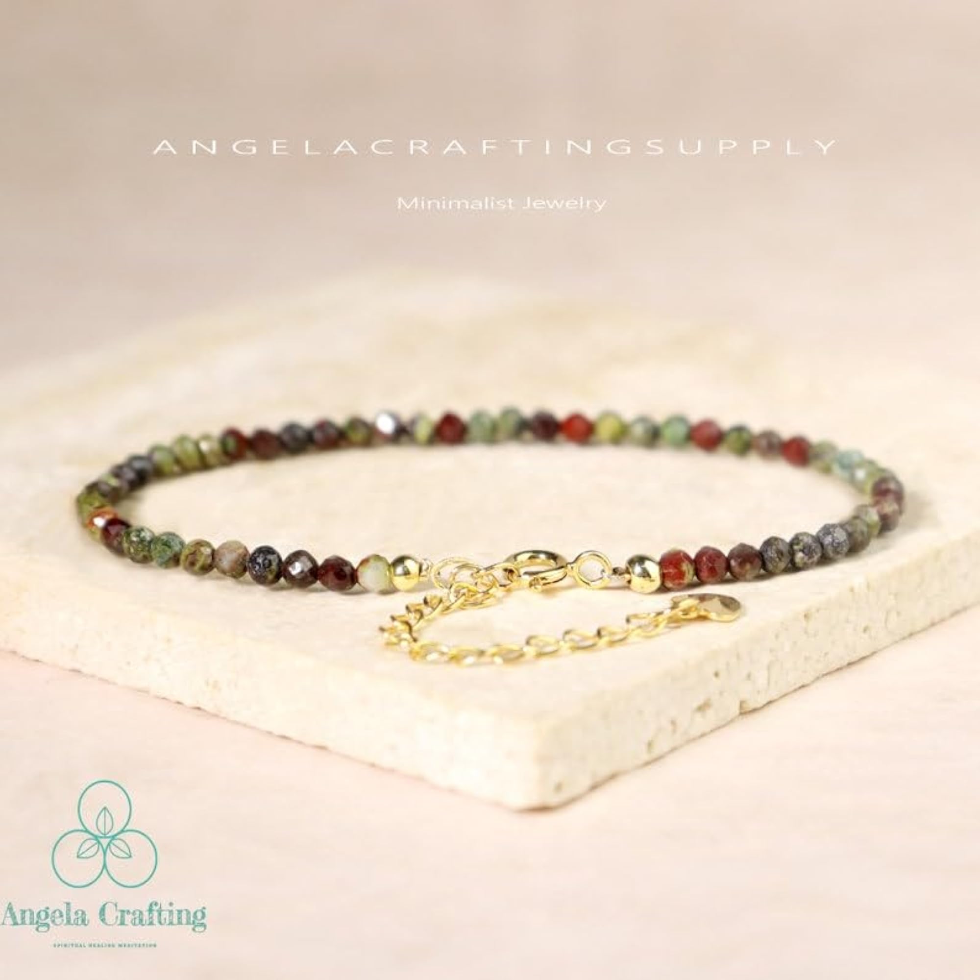 Dragon Blood Jasper Round Beaded Bracelet with Gold Lock, Adjustable