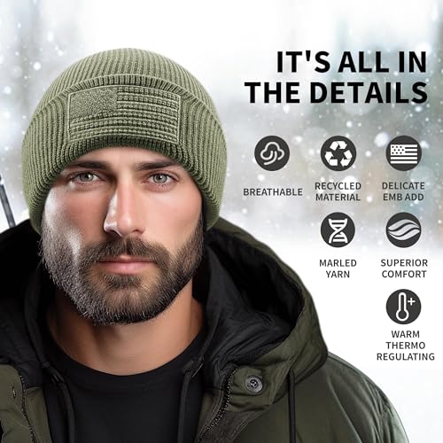 Image of OUTDOOR SHAPING American Flag Embroidered Knit Cuffed Beanie for Men Women Tactical Winter Warm Hat