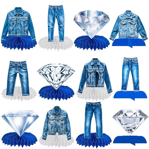 Image of 12Pcs Denim and Diamonds Party Honeycomb Centerpieces Denim and Diamonds Birthday Party Supplies Denim Themed Table Centerpieces Jeans Table Decorations for Bachelor Bridal Shower Party Decor