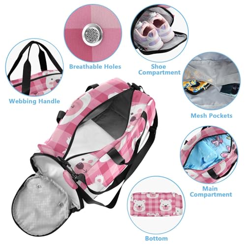 Duffle Bag Kids Gym Bag with Shoes Compartment & Wet Separation Overnight Travel Duffel Bag Pink Checkered with A Bear's Face for Girl Boy4