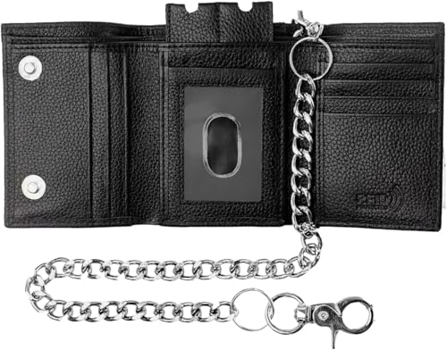 Mens Wallets Black Trifold Rfid Protection Trifold Wallet Trifold Wallets for Men Wallet Leather Real Leather Wallets Biker Chain For Men (J112, Black)