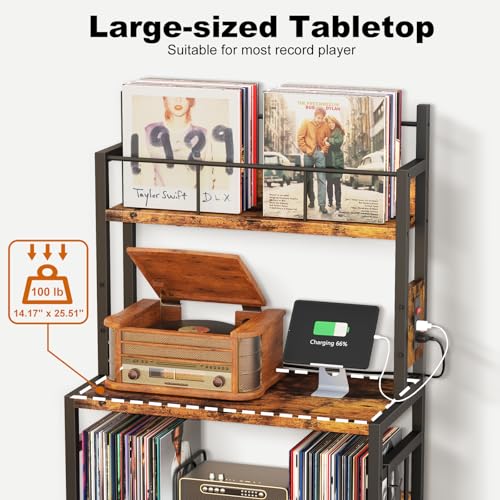 EasyCom Record Player Stand with Vinyl Storage, Turntable Stand Holds Up to 300 Albums, Large Record Player Table with Charge Station, Vinyl Record Stand for Living Room