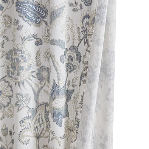 Kayne Studio Backtab Rod Pocket Jacobean Floral Semi Sheer Curtains Botanical Leaf Printed Vintage Farmhouse Blue Grey Light Filtering Window Treatment Sets Living Room Bedroom,52"X84",2 Panels #TOP2
