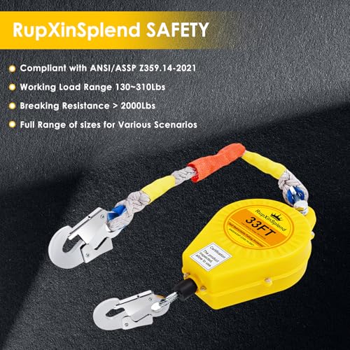 Image of Fall Arrester Protector Self Retractable 33FT Fall Protection Gear Double Locking, Dual PPE+Alloy Steel housing Heavy Duty Lifeline Safety Lanyard Rope Cable Wire Roofing Construction