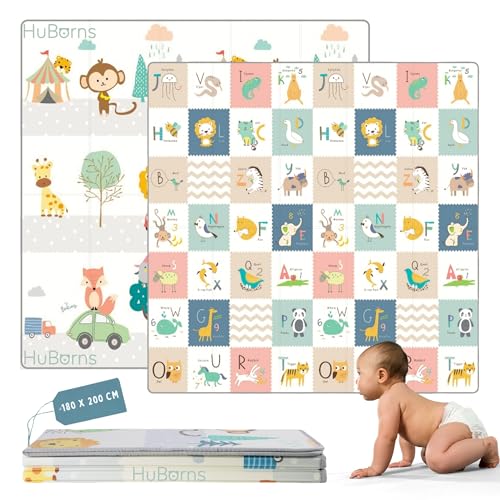 HUBORNS – Alfombra bebé plegable acolchada 200×180 cm para juegos y gateo, manta de actividades impermeable y reversible, tapete infantil antideslizante grande, regalo ideal para recién nacidos