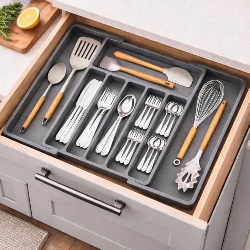 Image of mechdel Drawer Organizer, Expandable BPA Free Utensil Tray for Kitchen, Adjustable Flatware and Cutlery Holder for Spoons Forks Knives, Plastic Kitchen Organizers and Storage (GREY, 8-Slots)