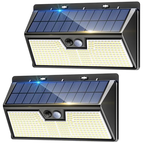 nipify Faretto Led da Esterno Solare, 2 Pezzi 318 LED Luce Solari Esterno con Sensore di Movimento, 3 Modalità IP65 Impermeabile Faretti Solare per Giardino, Parete, Garage(Bianco)