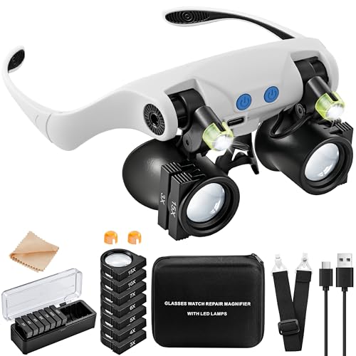 JARLINK Magnifying Glasses with LED Light, Hands Free Magnifier with 14 Interchangeable Lenses 3X 4X 5X 6X 7X 10X 15X, Magnifying Glasses for Close Work, Crafts, Jewelry, Sewing, Electronics Repair