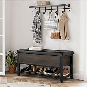 HOSTACK Storage Bench, Entryway Shoe Bench with Flip-Open Storage Box, End of Bed Ottoman Bench with Storage Shelf and Padded Seat for Bedroom, Hallway, Dark Brown HOSTACK Storage Bench Entryway Shoe Bench with Flip Open Storage Box End of Bed Ottoman Bench with Storage Shelf and Padded Seat for Bedroom Hallway Dark Brown