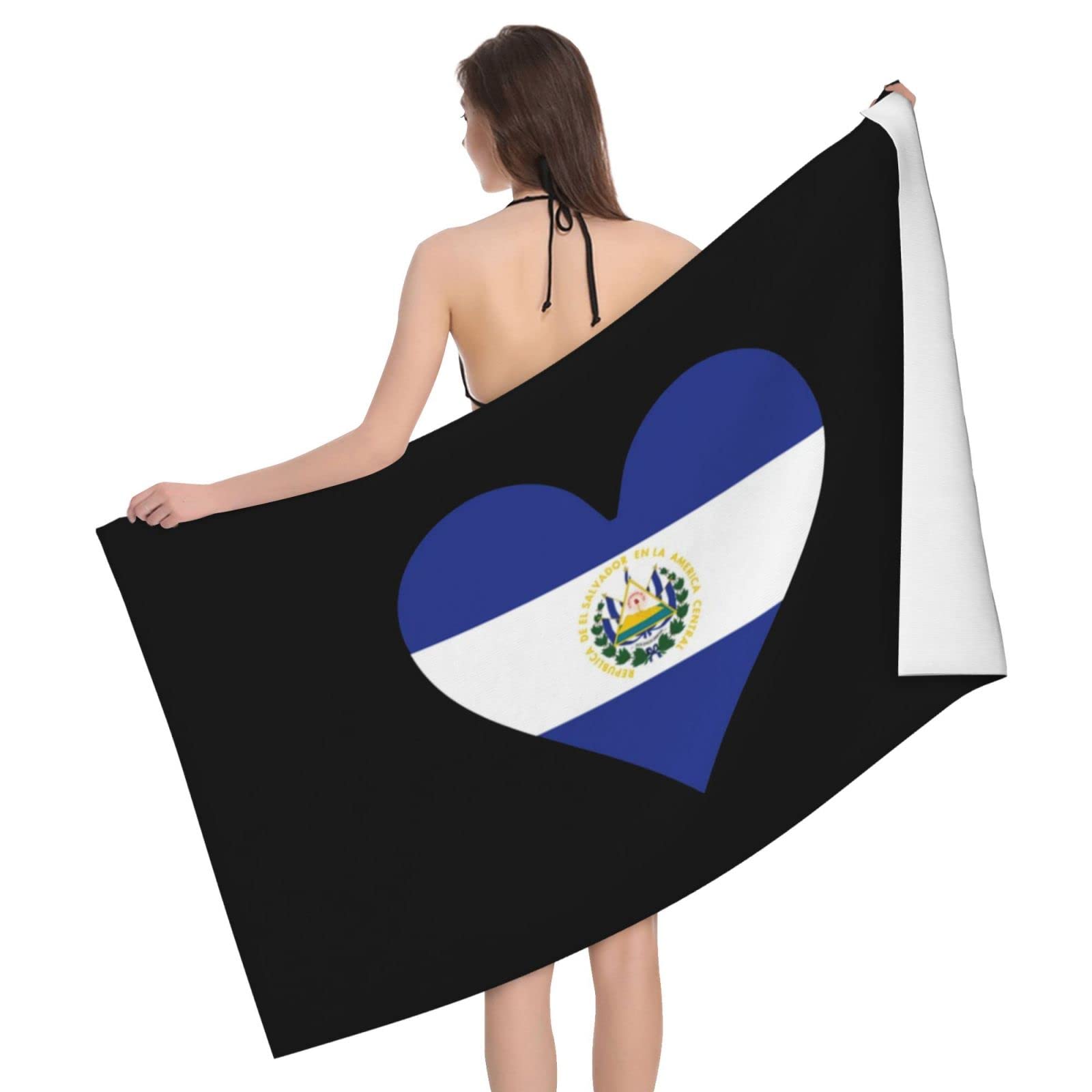 Lsjuee Flag of El Salvador Heart Beach Towel Absorb Water Quick Dry Bath Towel, for Beach, Swimming Pool, Camping