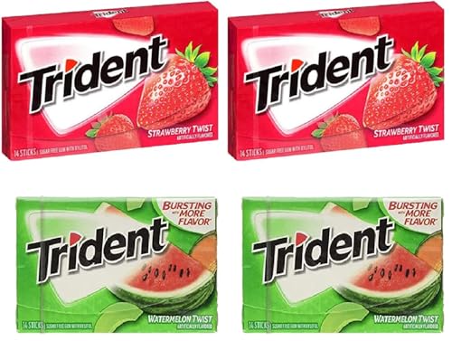 Image of Trident Sugar Free Chewing Gum Strawberry Flavor 14 Sticks, 26 G And Watermelon Flavor 14 Sticks, 26 G (Pack of 2)