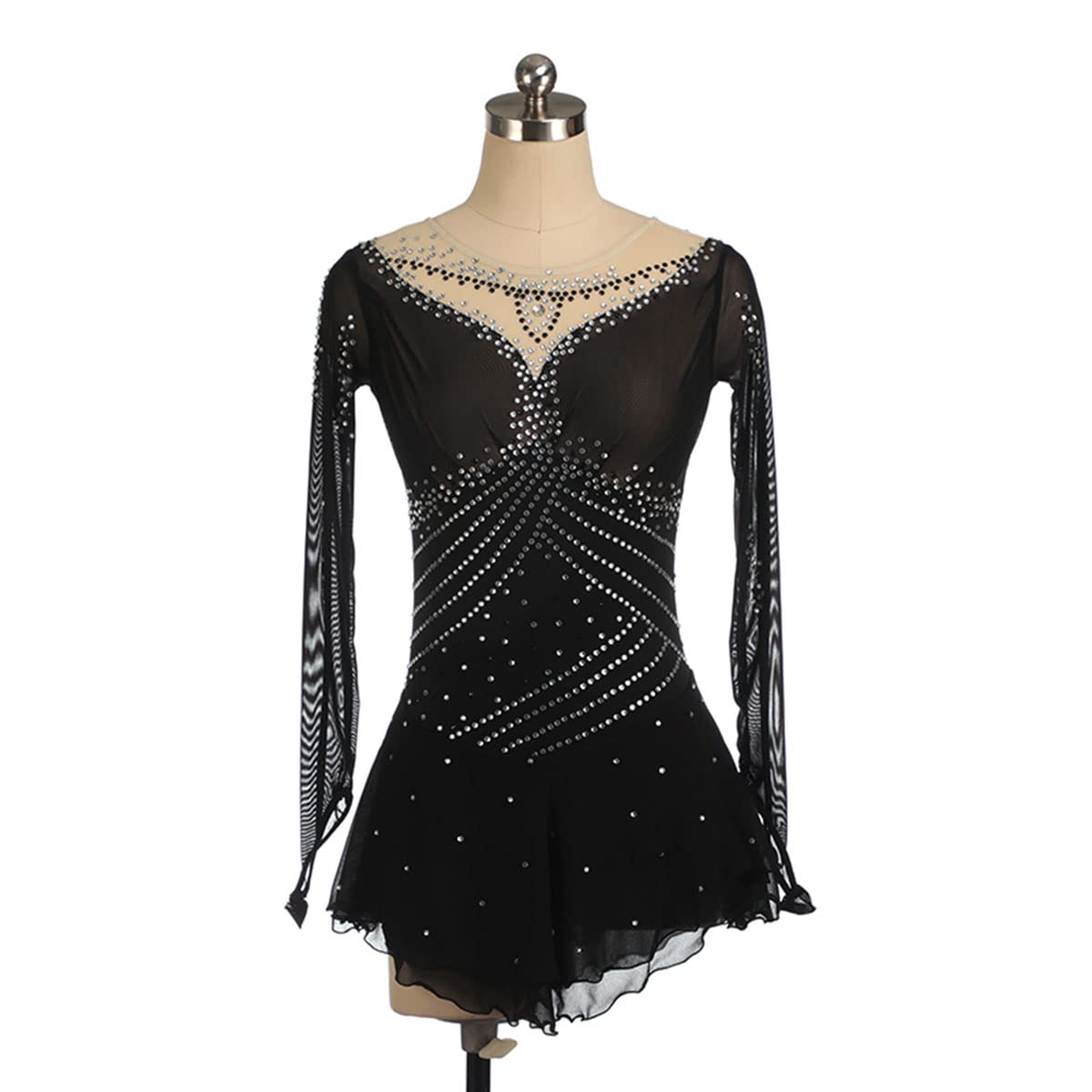 YDHTIZ Vestito da pattinaggio artistico semplice generoso pattinaggio artistico vestito da donna per bambini ragazze a maniche lunghe magliette balletto danza diamante scintillante tutù abito 3XS Nero