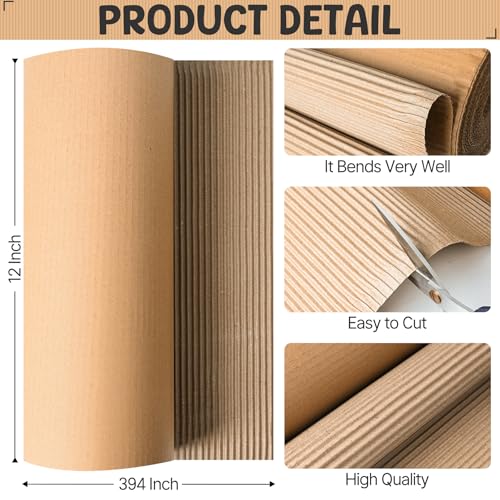 Image of 12 inchx394 inch Single B Flute Corrugated Cardboard Roll, Brown | Large Thick Sheets, For Crafts, Moving, Shipping, Mailing, Gift Packaging, DIY, Modeling