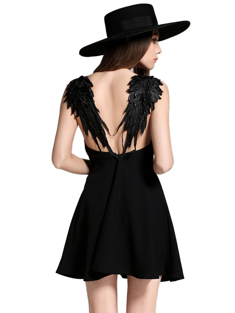 Choies Women's White Plunge V-Neck Angel Wings Open Back Skater Cami Mini  Dress