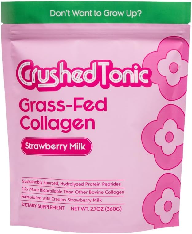 Crushed Tonic Marine Collagen Powder Korean Beauty Drink with Hydrolyzed Collagen Peptides for Skin, Hair & Nails | Gluten-Free, Halal & Kosher (Strawberry Milk, 30 Servings (150 g), Pouch)