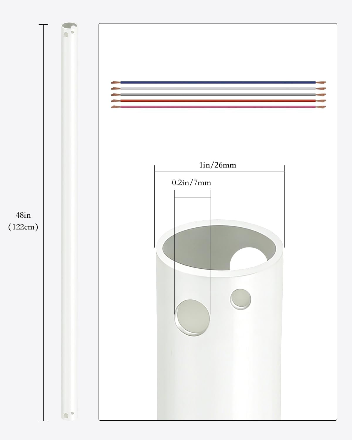 48 Inch Ceiling Fan Downrod, Extension Rod for Multiple Ceiling Heights, Non Threaded with 3 wires (White)