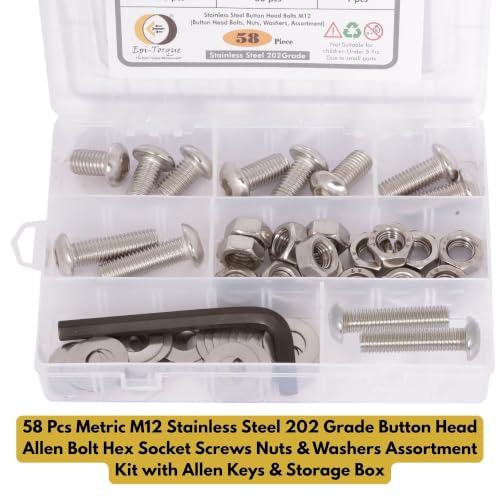 Image of Metric M12 Stainless Steel 202 Grade Button Head Allen Bolt Hex Socket Screws Nuts & Washers Assortment Kit with Allen Keys & Storage Box - 58 Pieces