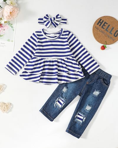 Image of Baby Girl Clothes Toddler Girls Winter Outfits Infant Clothing Ruffle Top Denim Pants Jeans Cute Fall Outfit Set