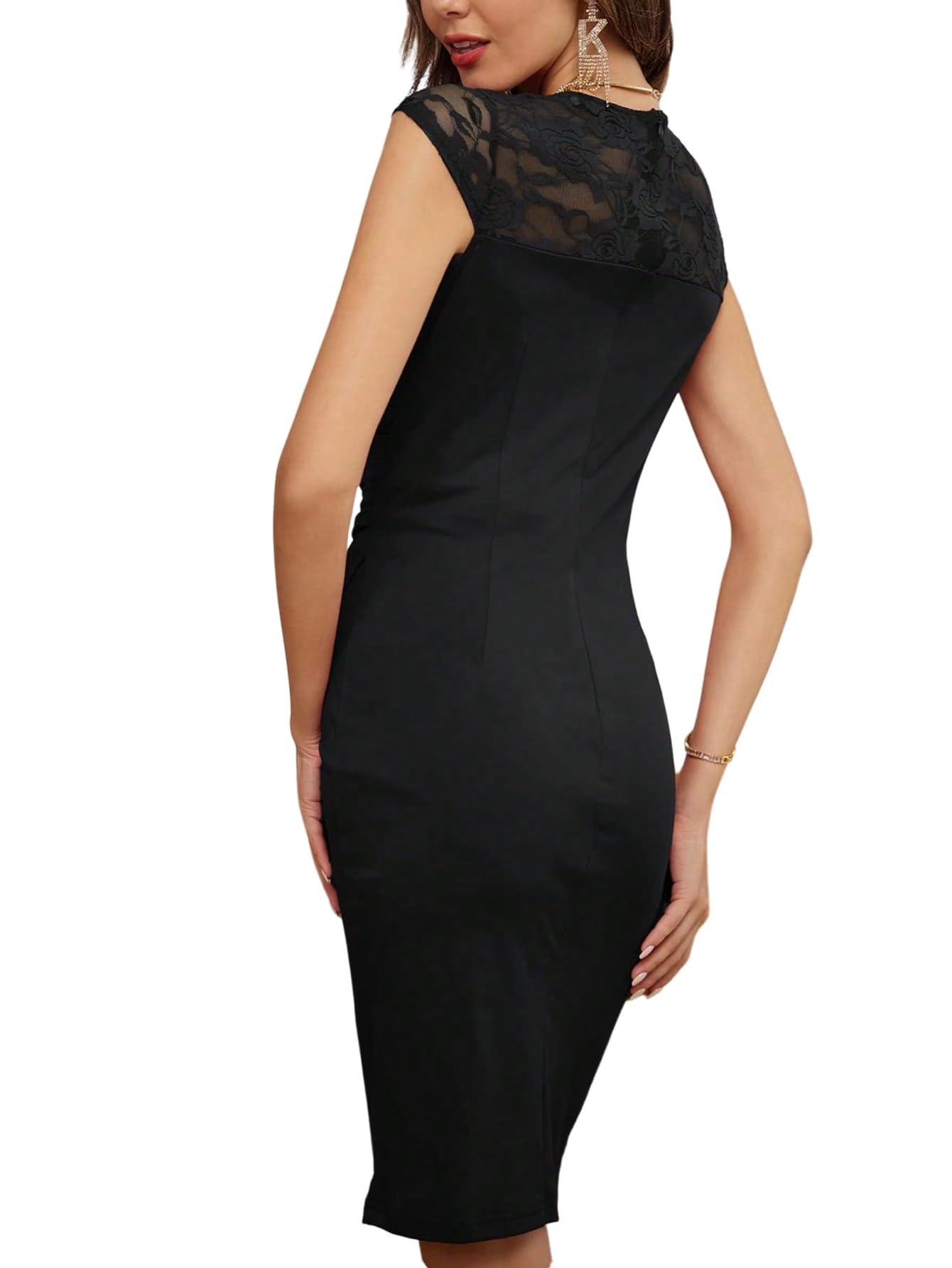 SweatyRocks Damen Elegant Kleid Mit Schlitz Enger Spitzenkleid Bürokleid