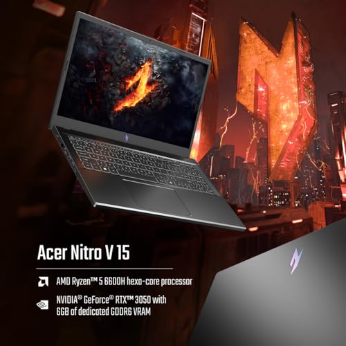 Image of acer Nitro V, AMD Ryzen 5 6600H, NVIDIA GeForce RTX 3050-6GB, 16GB DDR5, 512GB SSD, FHD IPS, 15.6 inch /39.6cm, 165 Hz, Win 11 Home, Obsidian Black, 2.1KG, ANV15-41, Gaming Laptop