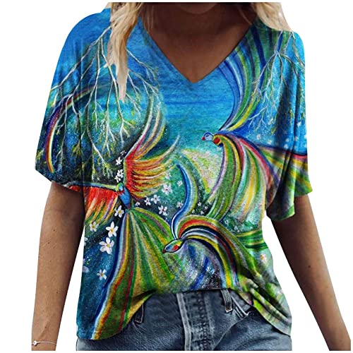 Floral Print Tops For Women Plus Size Short Sleeve Summer T Shirts V Neck Loose Casual Workout Graphic Tees Blouses #TOP27