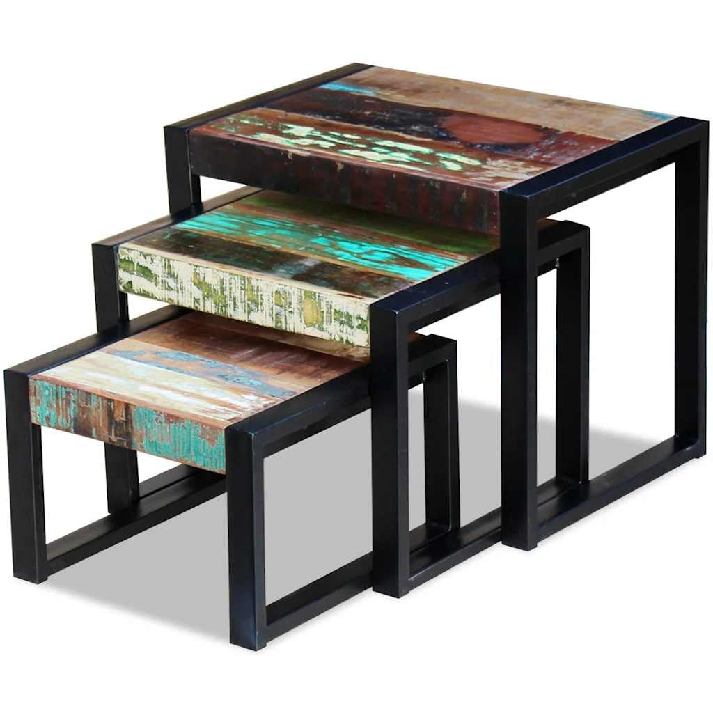 vidaXL Set de 3 Mesas Auxiliares Anidadas Madera Maciza Reciclada Mesita Nido