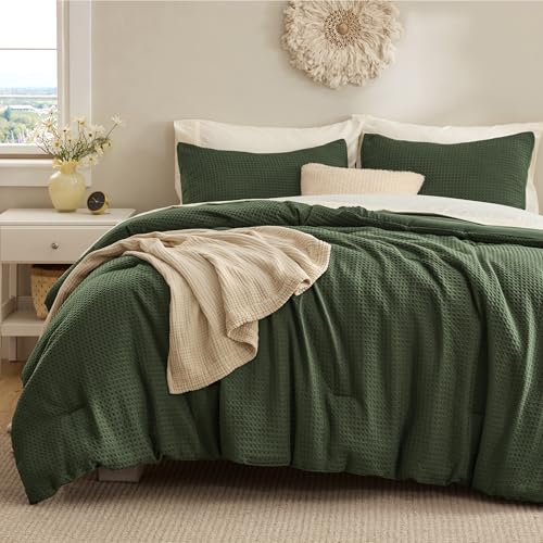 Image of Bedsure Waffle Comforter Set Queen, Soft and Breathable Dark Green Bedding Comforter Set, 3 Pieces, 1 Waffle Weave Comforter (90 inchx90 inch) and 2 Pillowcases (20 inchx26 inch)