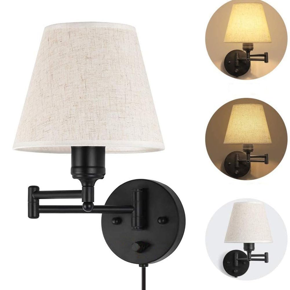 Langer Arm Wandlampe mit Schalter und Kabel Verstellbare Wandleuchte Schalter Dimmbar Wandleuchten Stoffs Lampenschirm Leinen Wand Leselampe Schwenkarm Schwarz für Wohnzimmer Schlafzimmer