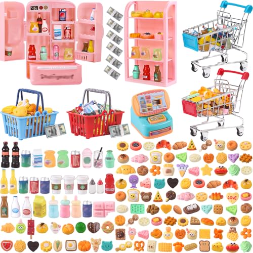 DULEFUN 143pcs Mini Shopping Cart Basket Miniature Food Drink Bottle Toys Supermarket Shelve Metal Handcart Cash Register for Dollhouse Store AccessoryPretend Play Cosplay Game Kids Party Favor