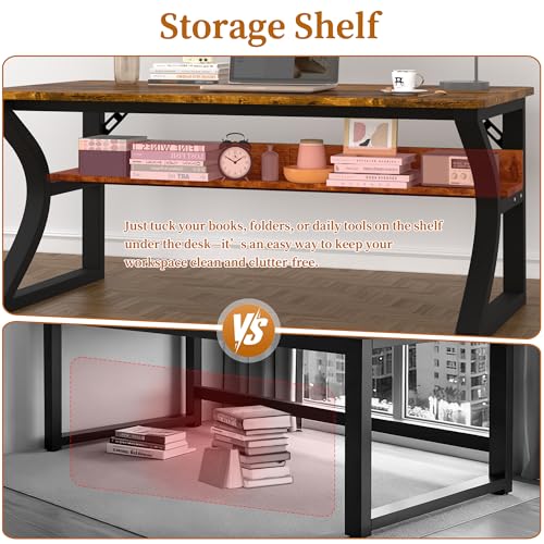 55 inch Computer Desk, Office Desk w/Storage Shelf & Cable Management, Work Table w/Sturdy U-Shaped Metal Frame & Deeper Desktop, Study Writing Desk for Home Office Bedroom (Brown, 55inch) - Image 5