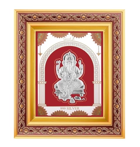 Image of 999 Pure Silver Ganeshji Frame | Divine HomeDecor | Wall Mount Square Photo for Gift, Wooden PhotoFrame for Temple, Office Decor | wall hanging (10.50 inch x 9 inch Inch)