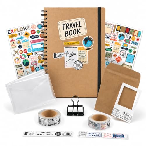 GRAINE CREATIVE - Kit complet carnet de voyage et accessoires - 60 pages - avec stickers, rubans autocollants et accessoires - Carnet de souvenirs, idée cadeaux pour souvenir de voyage