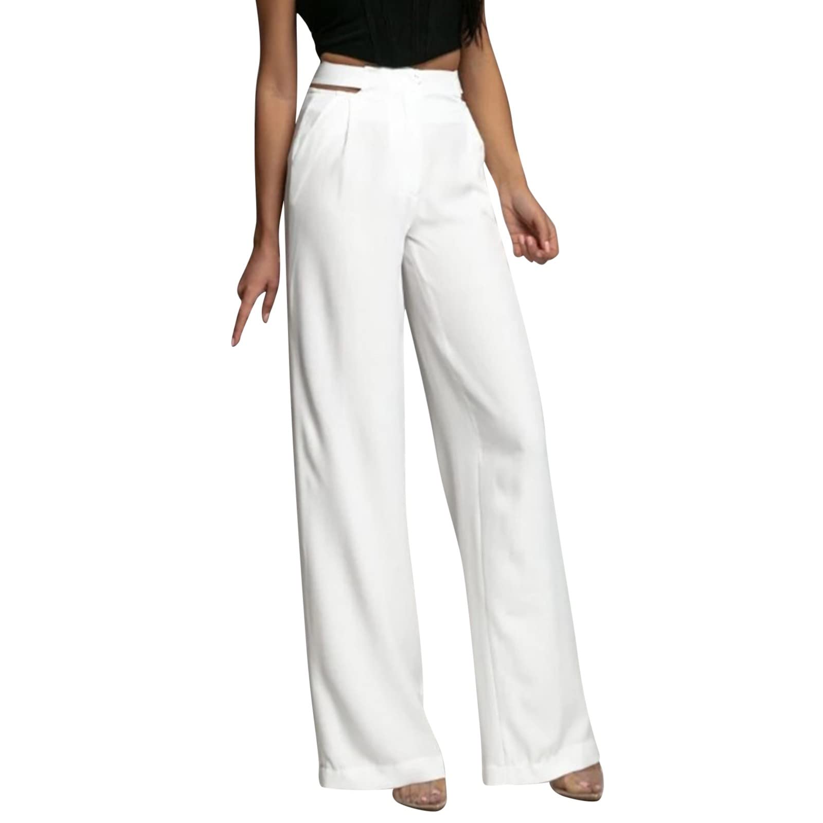 niuwa Lady Women Solid Straight-Leg Pants High Waisted Stretch Elegant Pants with Pockets Office Work Long Pants Work