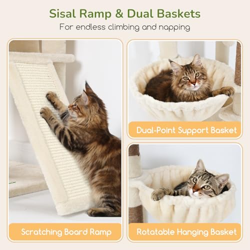 Image of Globlazer Extra Large Heavy Duty Cat Tree, 80in Tall Sturdy Cat Tree Tower for Multiple Indoor Cats Large Adult with Scratching Posts, 2 Spacious Condos with Padding, 2 Soft Perches, S80C, Beige