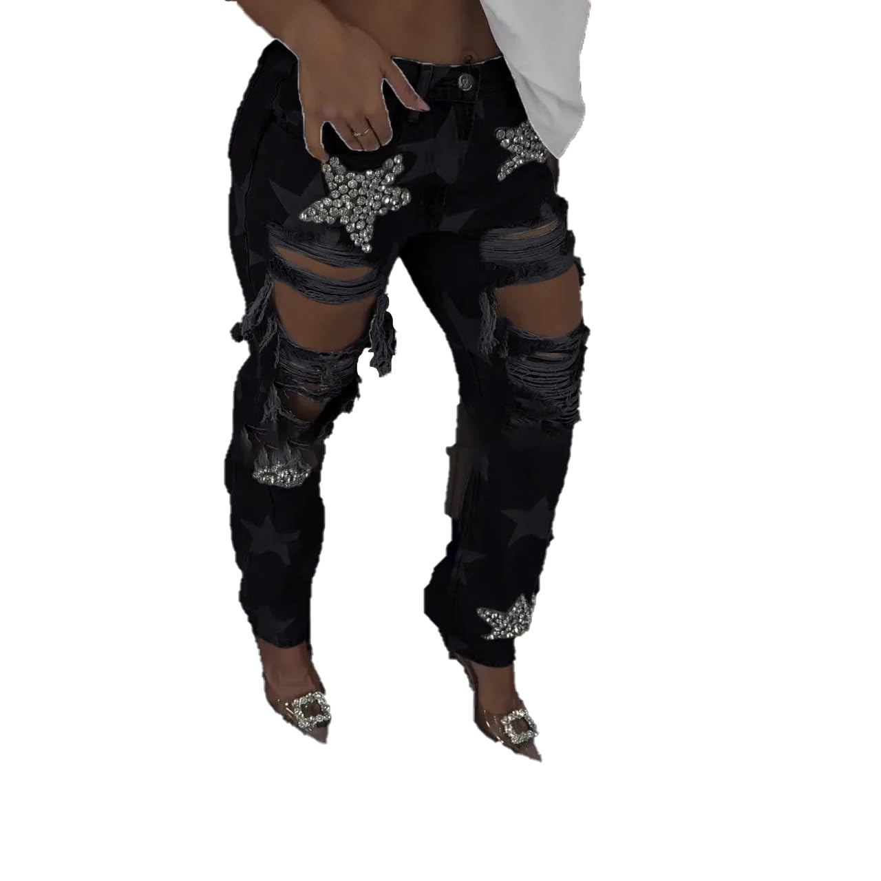 Y2K Pantalones vaqueros holgados para mujer, cintura alta, estrás y pierna ancha, estilo hip-hop