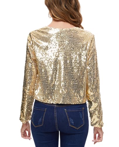 Women's Sequin Shrug Bolero Long Sleeve Collarless Glitter Jackets Sparkly Crop Cardigan2