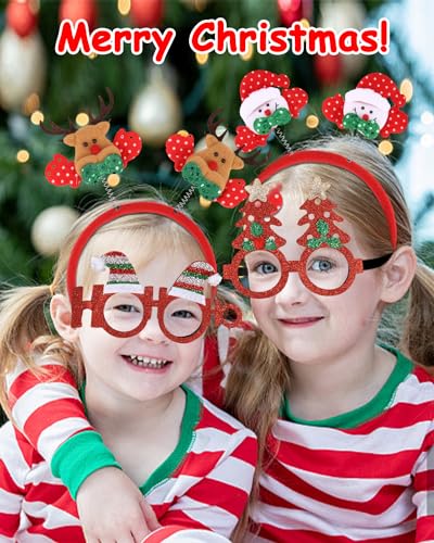 SOBEAU 14 Stück Brillen Haarreif Weihnachten,Weihnachtsbrillen Partybrillen Spassbrillen Weihnachten Rentier Kostüm Stirnbänder Tannenbaum & Weihnachtsmann Kopfbedeckung