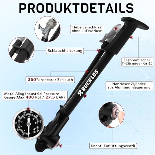 AEYINO Schockpumpe Mountainbike-Federungspumpen Luftgabel-Stoßdämpfer 300 psi / 400 psi Hochdruck-Stoßdämpferpumpen mit Manometer für MTB/Rennräder Keine Luftverlust-Schraderventil-Fahrradwerkzeug