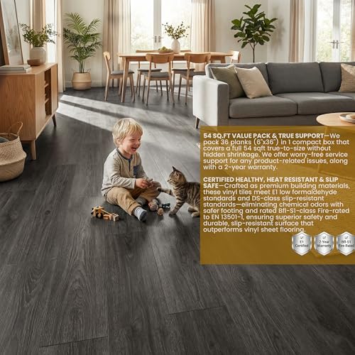 Image of Waterproof Peel and Stick Floor Tile, 54 Sq.Ft Dark Grey Vinyl Wood Flooring, Easy DIY-Install & Durable for Kitchen, Bedroom, Bathroom, RVs, Rental-Friendly (36-Planks 6 inchx36 inch)