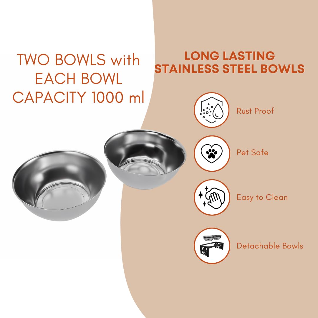 COGO Masty Pet Feeder| 2 Stainless Steel Bowls (1000 ml Each) | Elevated Feeding Bowls for Medium & Large Dogs & Cats | 5.5 x 7.5 x 15 inch | Strong & Stable Metal Frame | Colour: Matt Black 2