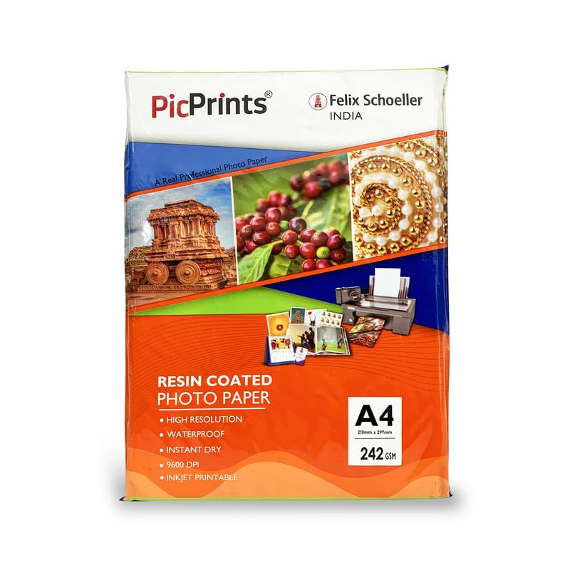 PicPrints - Studio Satin Photo Paper 242 GSM (A4 size, 20 sheets, Pack of 1) | Resin Coated | For all Inkjet Printers | Water Proof, Scratch Resistant, Instant Dry, Long Lasting, Vibrant Color