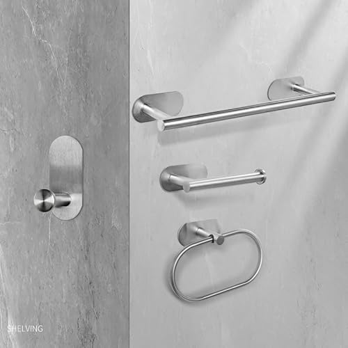 مجموعة إكسسوارات حمام 4 قطع – حامل مناشف، حلقة منشفة، خطاف رداء، حامل ورق تواليت – لاصقة بدون حفر، تصميم عصري من الفولاذ المقاوم للصدأ SUS304، متينة وعملية (فضي)