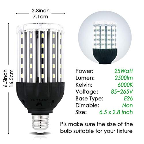 Wenscha E26 Led Corn Light Bulb, 25W Corn Bulbs Daylight Cool White 6000K Super Bright 2500 Lumen 200 Watt Halogen Equivalent, Aluminum Corn Light For Indoor Outdoor Large Area Garage Porch Backyard #TOP4