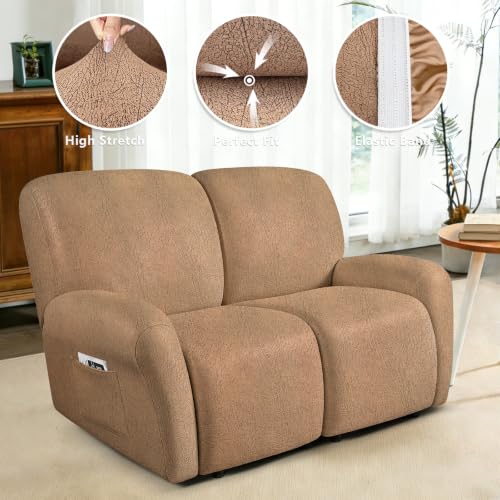 Image of ANARACHON Leather Look Loveseat Recliner Covers Stay in Place 6-Piece Recliner Sofa Slipcover 2 Seater Reclining Couch Cover Furniture Protector Spandex Fabric Washable (Recliner Loveseat,256Brown)