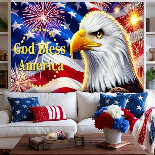 Image of BlissYard 4th of July Backdrop 8x6ft Independence Day Decorations Patriotic Eagle God Bless America Banner American Flag Fireworks Decorations for Memorial Day Independence Day Veterans Day Party Supplies