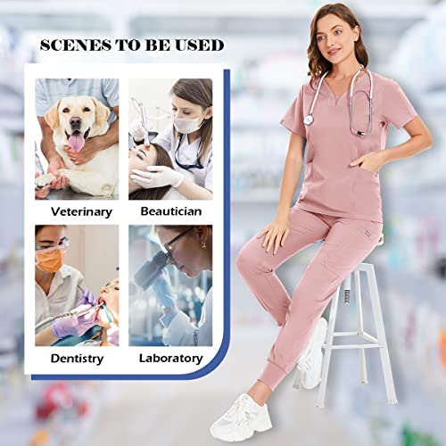 Niaahinn Scrub Suit Set For Women Modern V-Neck + Leg Drawstring Jogger Pants Medical Nursing Uniforms Set (Pink,S) #TOP4