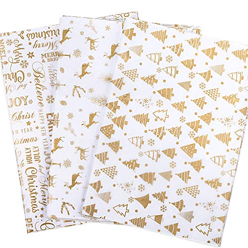 Whaline 120 Sheets Christmas Gift Tissue Wrap Paper Xmas Tree Reindeer Snowflake Gold Design for Holiday Wrapping Paper DIY and Craft, 14