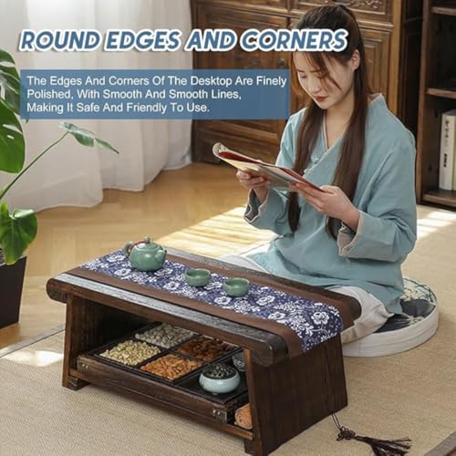 Image of Japanese Tatami Tea Table, Foldable Low Sitting Altar, Lightweight Durable Design, Sheesham Wood Walnut Finish, Brown, Model D (Folding with Storage Space)